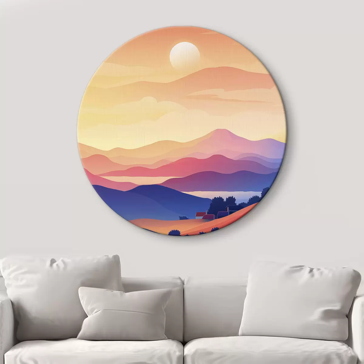 Apvalūs paveikslai Abstrakcija peizažai, kalnai, saulėlydis, namai r40948