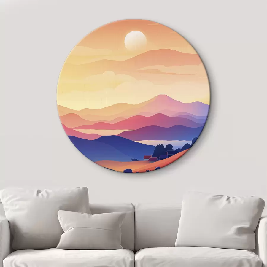 Paveikslėlis Abstrakcija peizažai, kalnai, saulėlydis, namai r40948