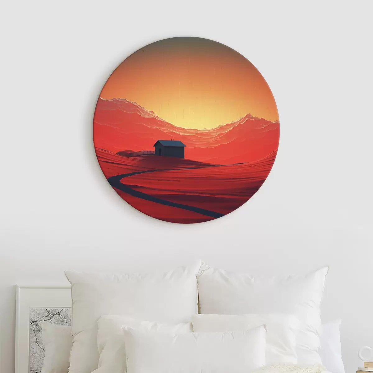 Apvalūs paveikslai Naktis dykumoje, mėnulis, raudonas smėlis, futurizmas, mažas namas r40950