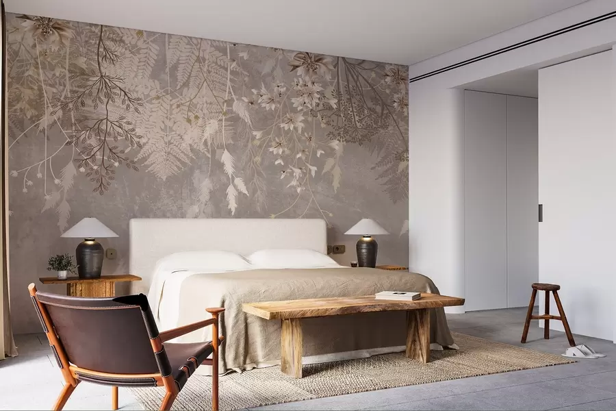 Fototapetai Svajingi, subtilūs, išmintingi augalai, spygliukai ir gėlės rudomis pastelinėmis spalvomis miglotame, tekstūruotame fone w08606v1