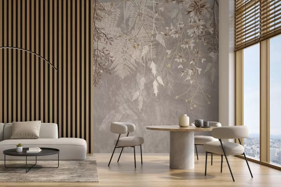 Fototapetai Svajingi, subtilūs, išmintingi augalai, spygliukai ir gėlės rudomis pastelinėmis spalvomis miglotame, tekstūruotame fone w08606v1