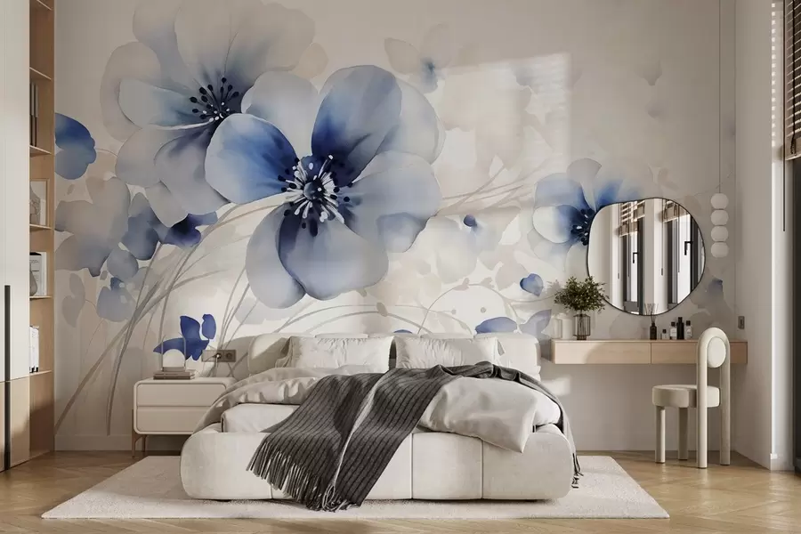 Fototapetai Švelnios akvarelinės mėlynos ir baltos gėlės su minkštais žiedlapiais ir neryškiu fonu w08610