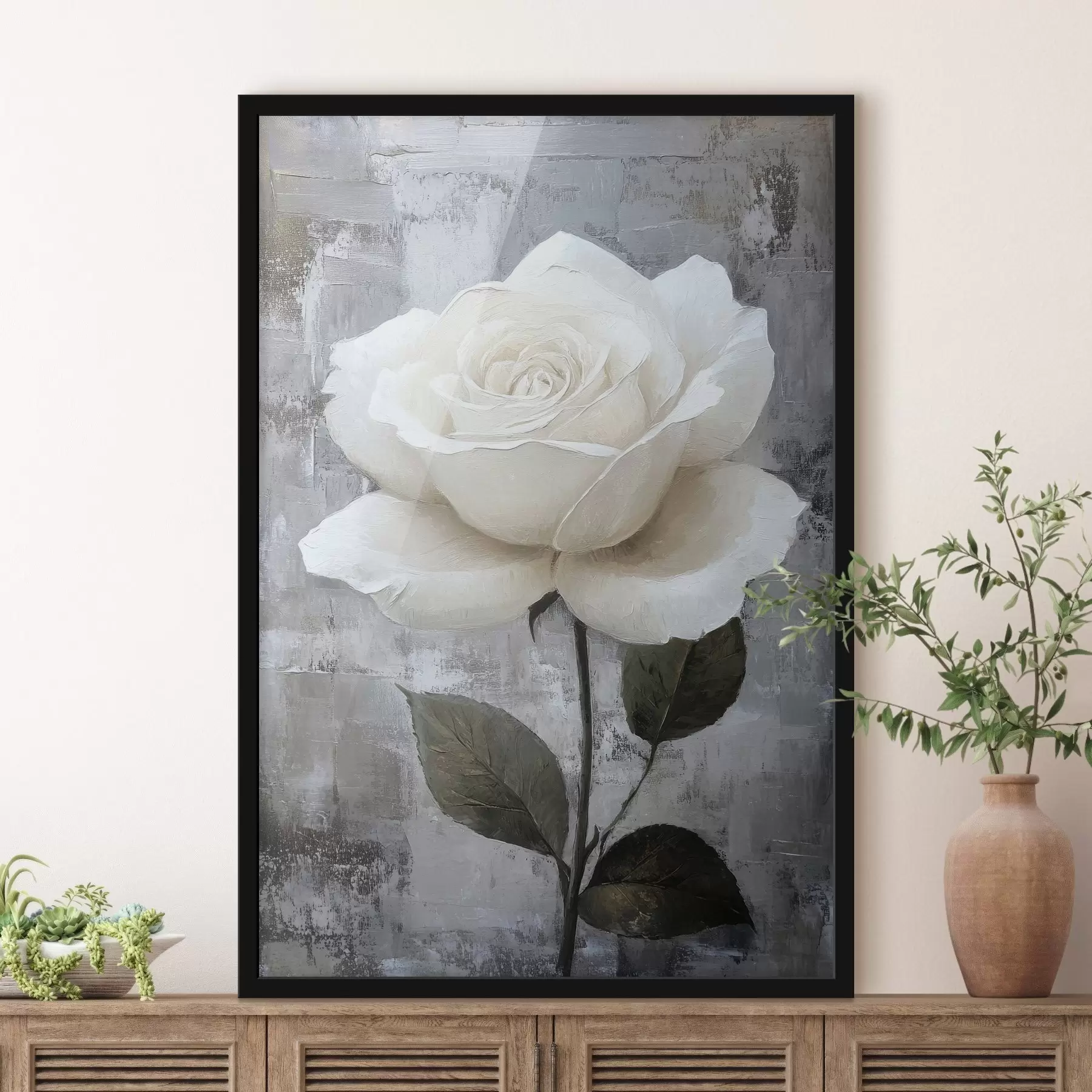 Fototapetai Balta rožė, nupiešta ranka betoniniame fone f42185
