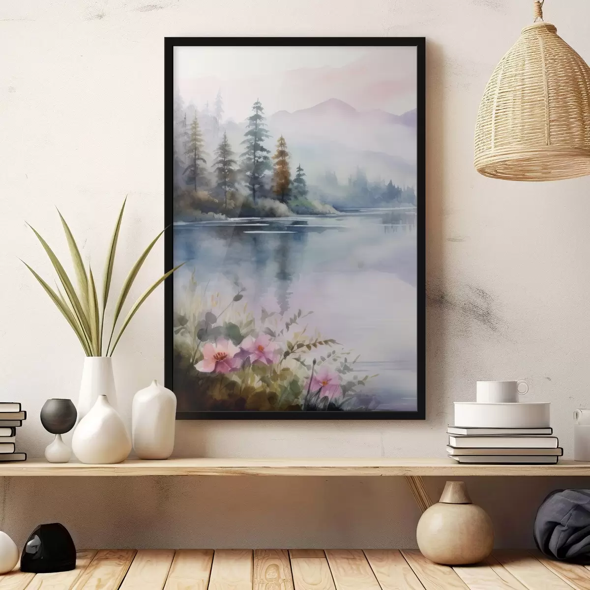 Plakatas Miškas rūke ežero fone f42384