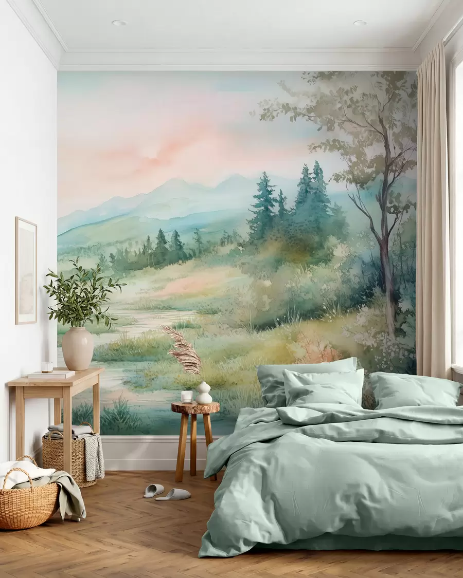 Fototapetai akvarelinis peizažas su keliu ir kalnais w02764