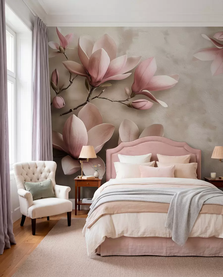 Fototapetai Švelnios rausvos magnolijos ant betoninės sienos sepijos atspalviais w08636v2