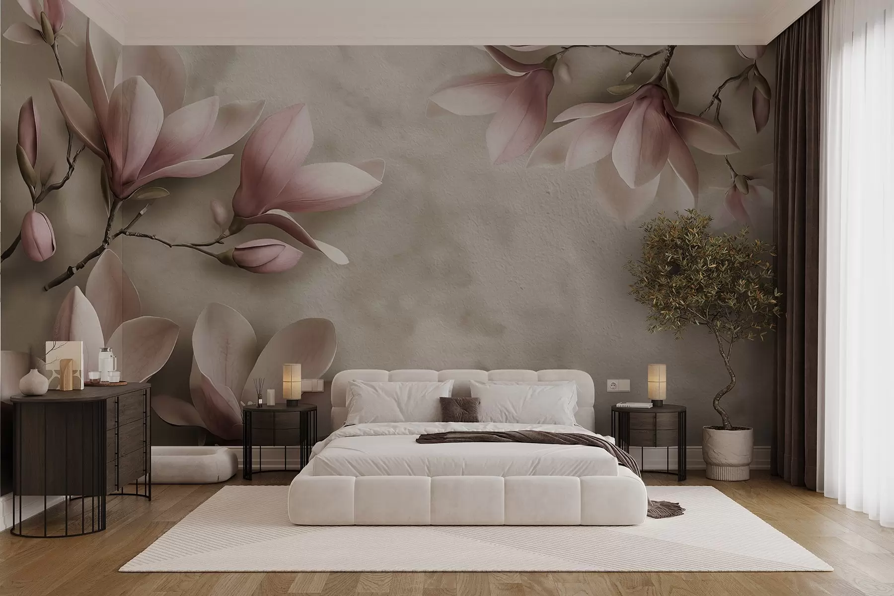 Fototapetai Švelnios rausvos magnolijos ant betoninės sienos sepijos atspalviais w08636v2