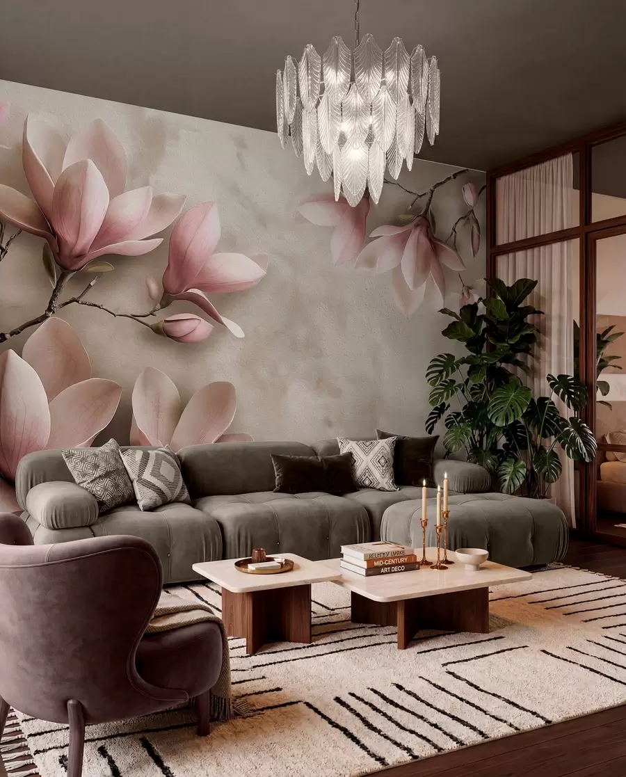 Fototapetai Švelnios rausvos magnolijos ant betoninės sienos sepijos atspalviais w08636v2