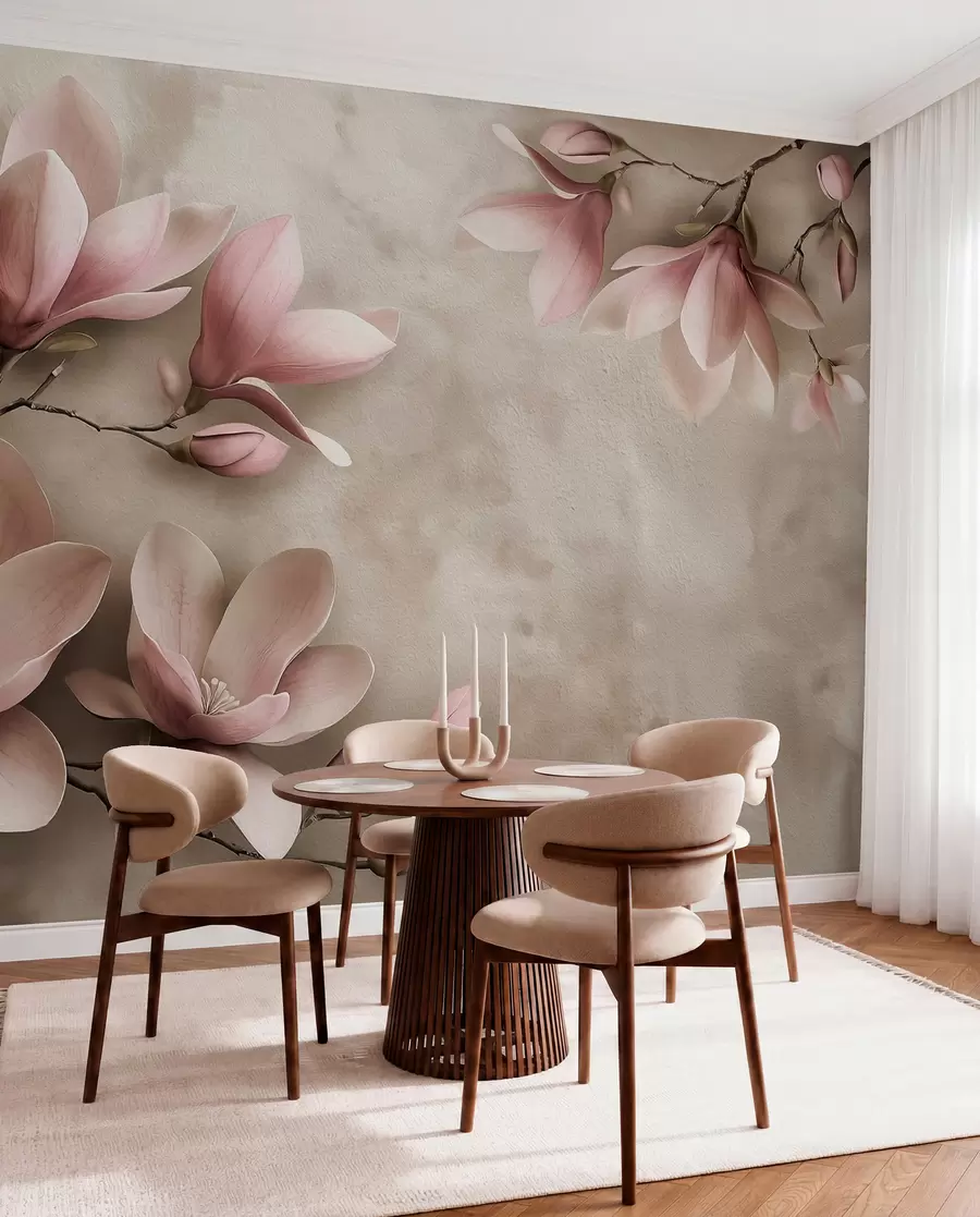 Fototapetai Švelnios rausvos magnolijos ant betoninės sienos sepijos atspalviais w08636v2