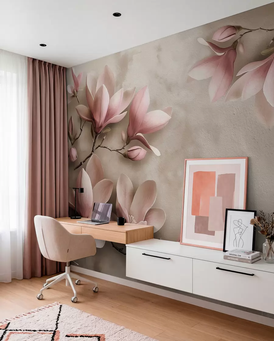 Fototapetai Švelnios rausvos magnolijos ant betoninės sienos sepijos atspalviais w08636v2