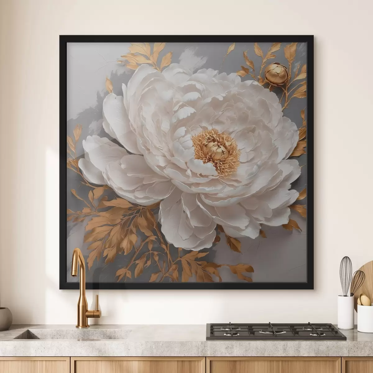 Plakatas Baltas bijūnas pilkame fone f42260