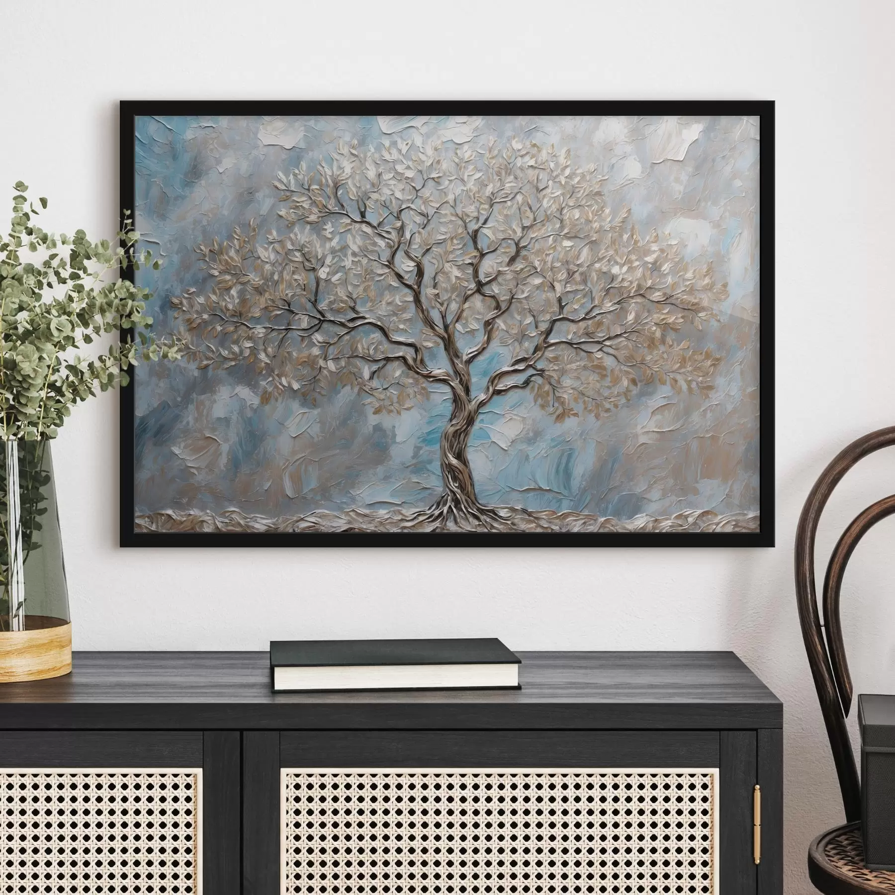 Fototapetai Sidabrinis medis mėlynai pilkame fone f42273