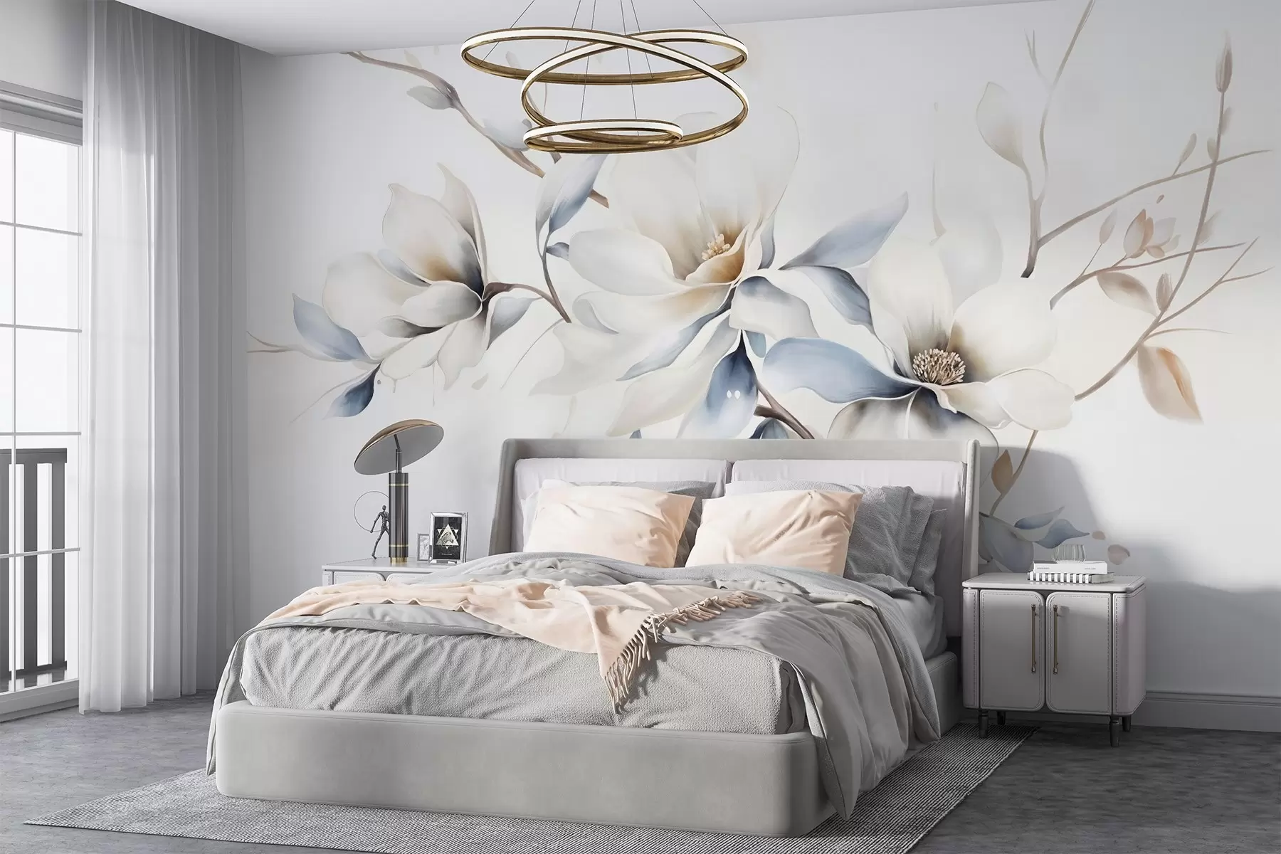 Fototapetai Švelnios baltos magnolijos gėlės su švelniais mėlynais žiedlapiais šviesiame fone akvarelės imitacijos minimalizmas  w08644
