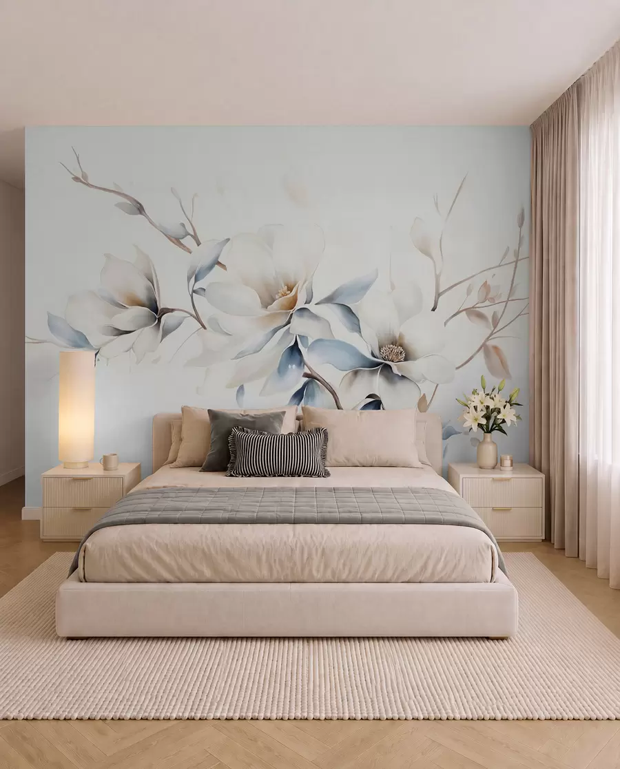 Fototapetai Švelnios baltos magnolijos gėlės su švelniais mėlynais žiedlapiais šviesiame fone akvarelės imitacijos minimalizmas  w08644