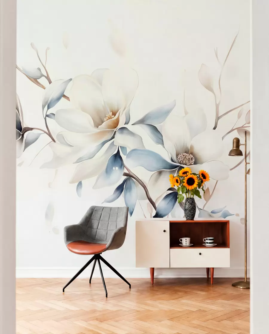 Fototapetai Švelnios baltos magnolijos gėlės su švelniais mėlynais žiedlapiais šviesiame fone akvarelės imitacijos minimalizmas  w08644