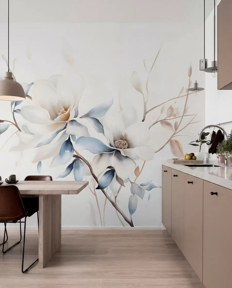 Fototapetai Švelnios baltos magnolijos gėlės su švelniais mėlynais žiedlapiais šviesiame fone akvarelės imitacijos minimalizmas  w08644