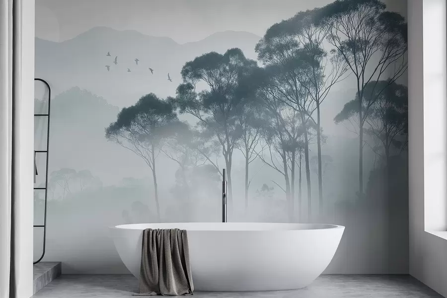 Fototapetai Medžiai rūke, gamtos peizažai, paukščiai, saulė, mėlynos spalvos w02740v1