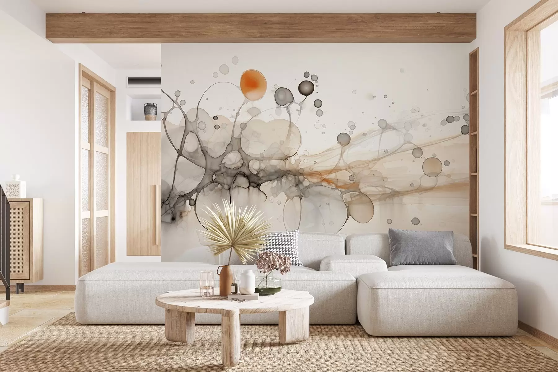 Fototapetai Abstrakcija, minimalizmas, tušo menas, skystos, smėlio ir pilkos spalvos w02750