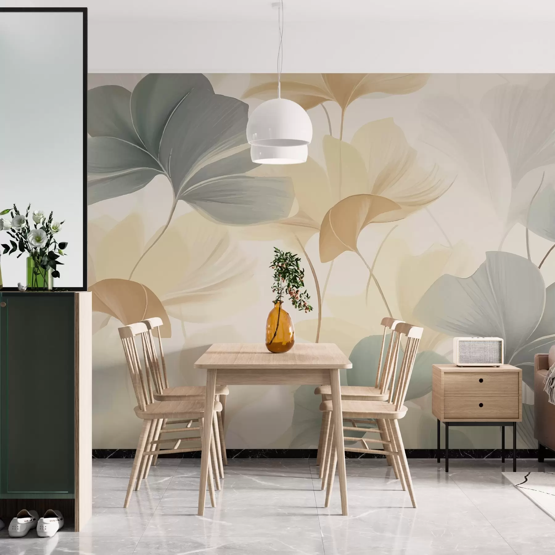 Fototapetai Švelnių pastelinių tonų ginkmedžio lapų raštas, kuriame susilieja žali, geltoni ir kreminiai atspalviai, kad sukurtų lengvą ir erdvų įspūdį w02855