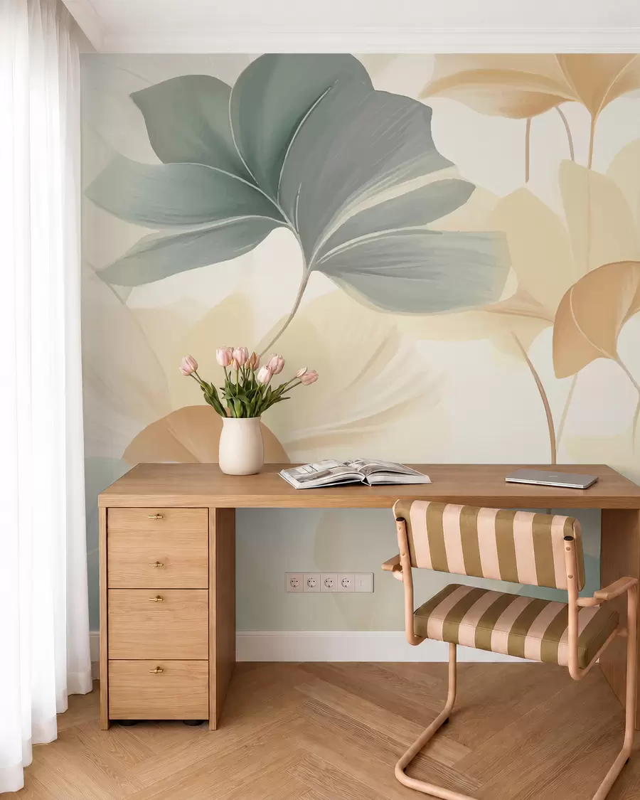 Fototapetai Švelnių pastelinių tonų ginkmedžio lapų raštas, kuriame susilieja žali, geltoni ir kreminiai atspalviai, kad sukurtų lengvą ir erdvų įspūdį w02855
