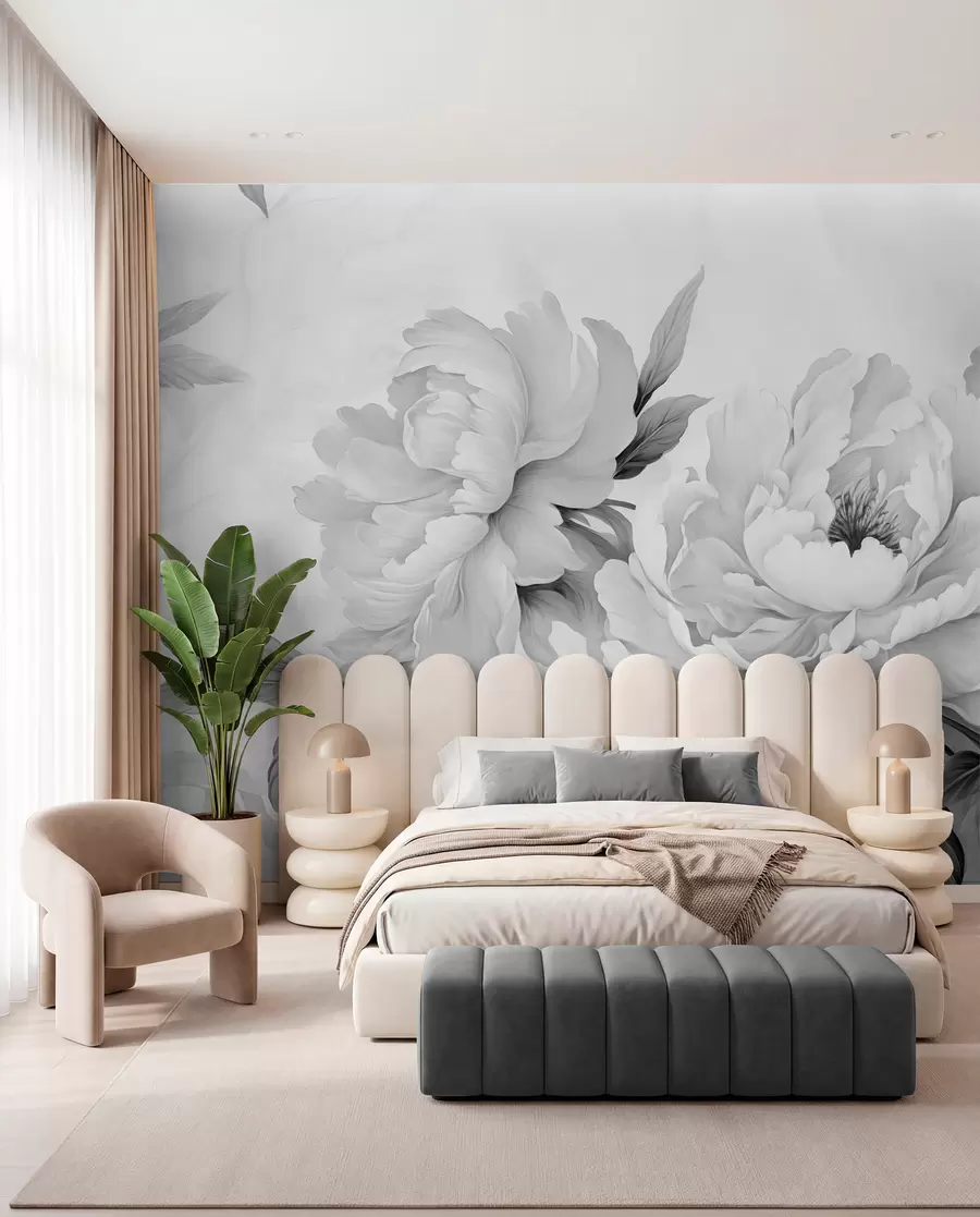 Fototapetai Prabangūs pilkų atspalvių bijūnai su subtiliomis žiedlapių ir lapų detalėmis sukuria elegantišką ir ramią atmosferą w02856