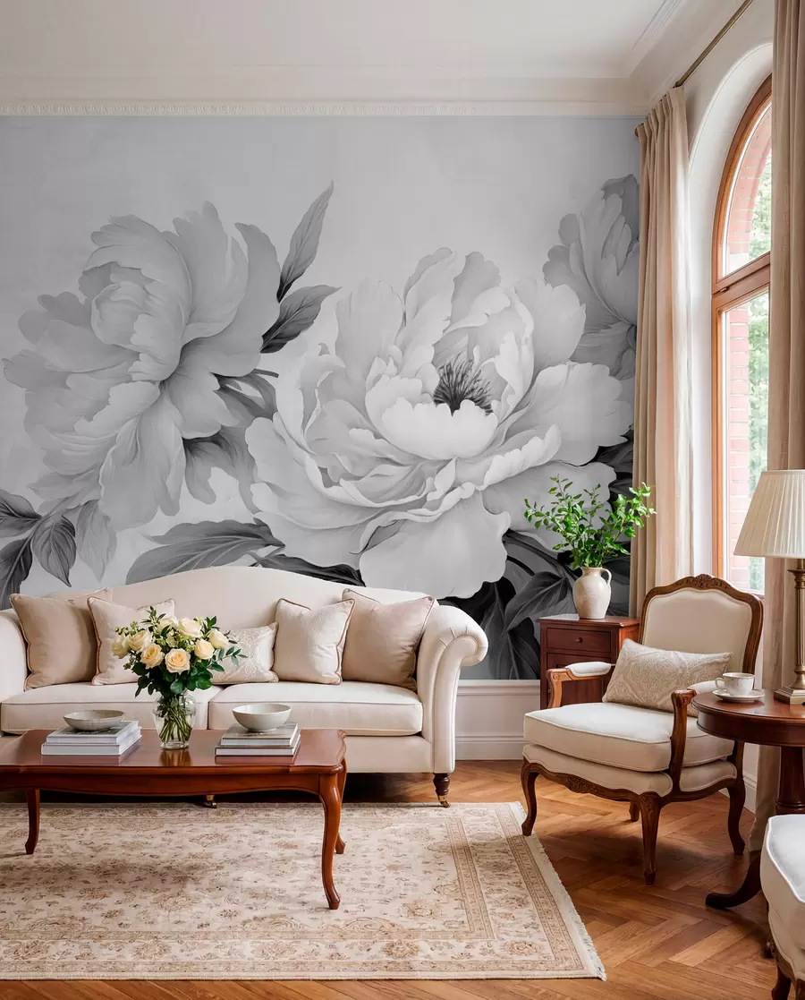 Fototapetai Prabangūs pilkų atspalvių bijūnai su subtiliomis žiedlapių ir lapų detalėmis sukuria elegantišką ir ramią atmosferą w02856