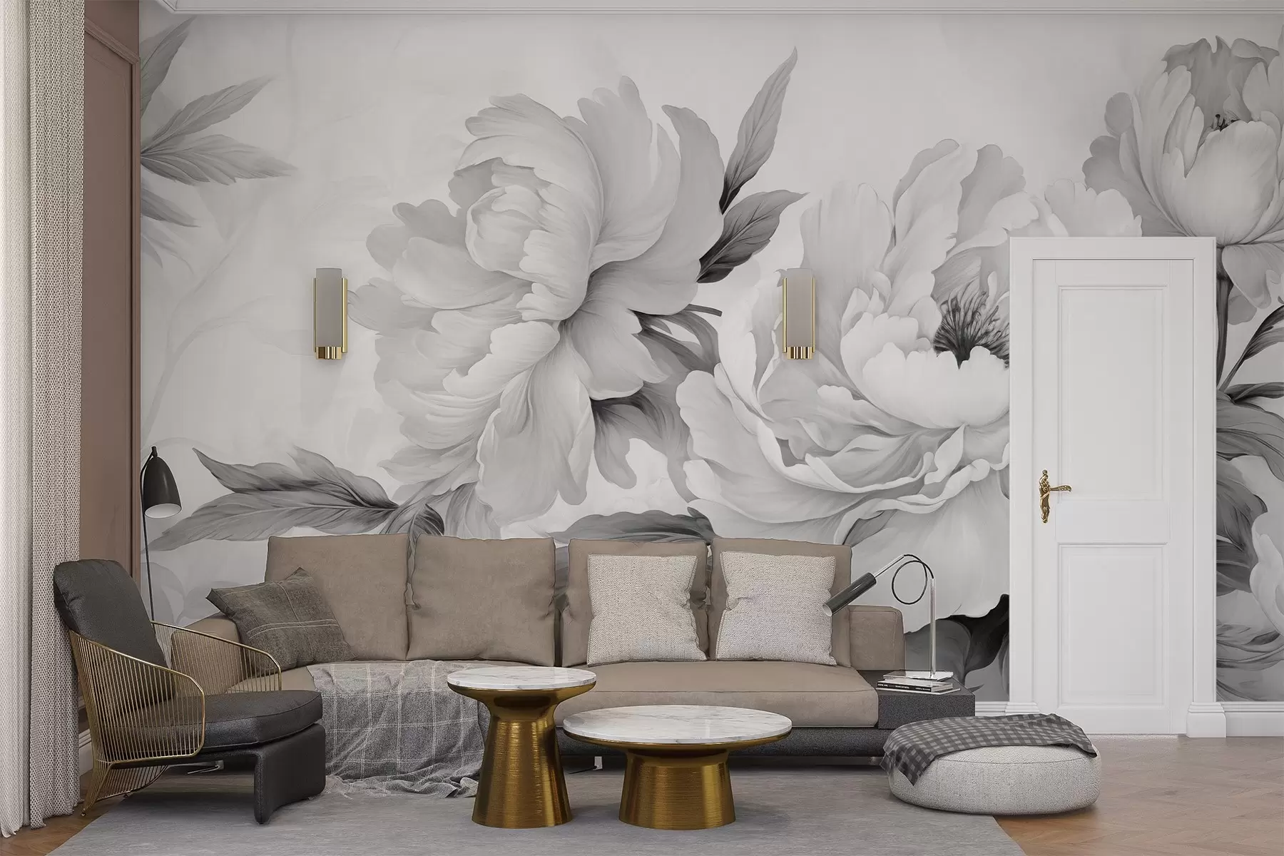 Fototapetai Prabangūs pilkų atspalvių bijūnai su subtiliomis žiedlapių ir lapų detalėmis sukuria elegantišką ir ramią atmosferą w02856