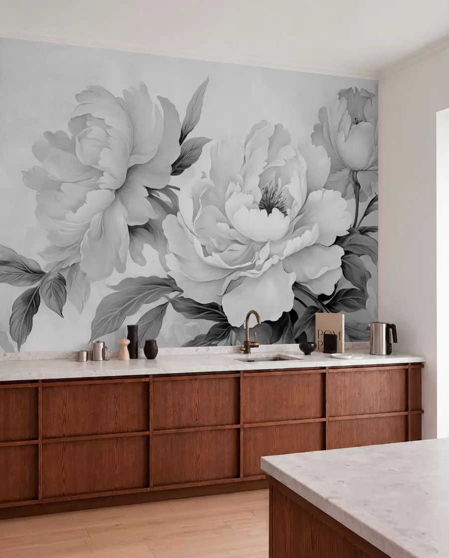 Fototapetai Prabangūs pilkų atspalvių bijūnai su subtiliomis žiedlapių ir lapų detalėmis sukuria elegantišką ir ramią atmosferą w02856