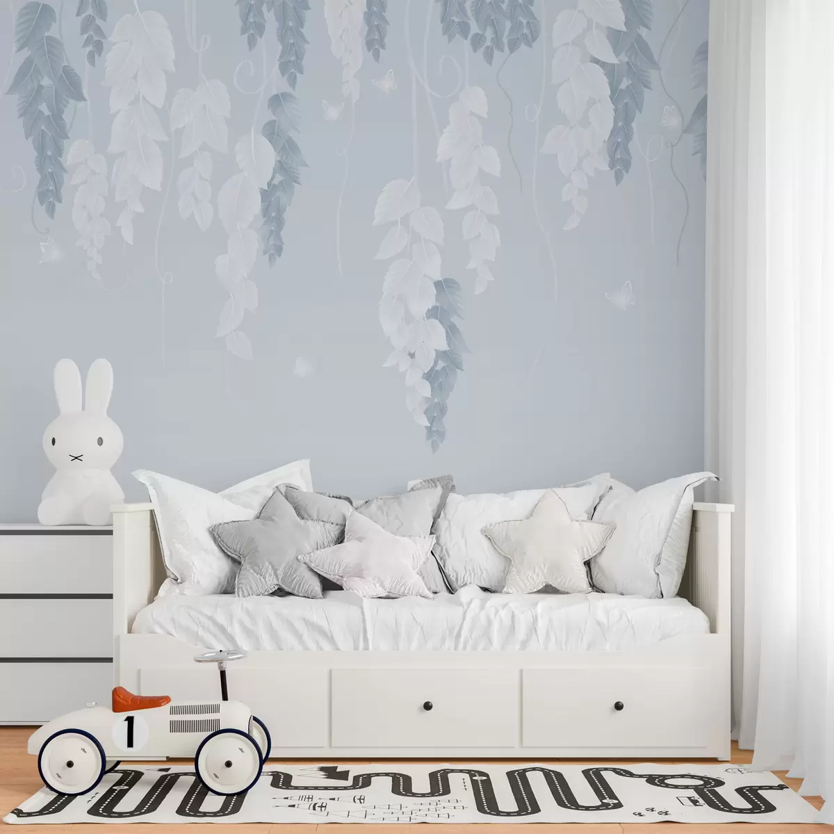 Fototapetai Mėlyni kabantys lapai ir drugeliai w02655v1