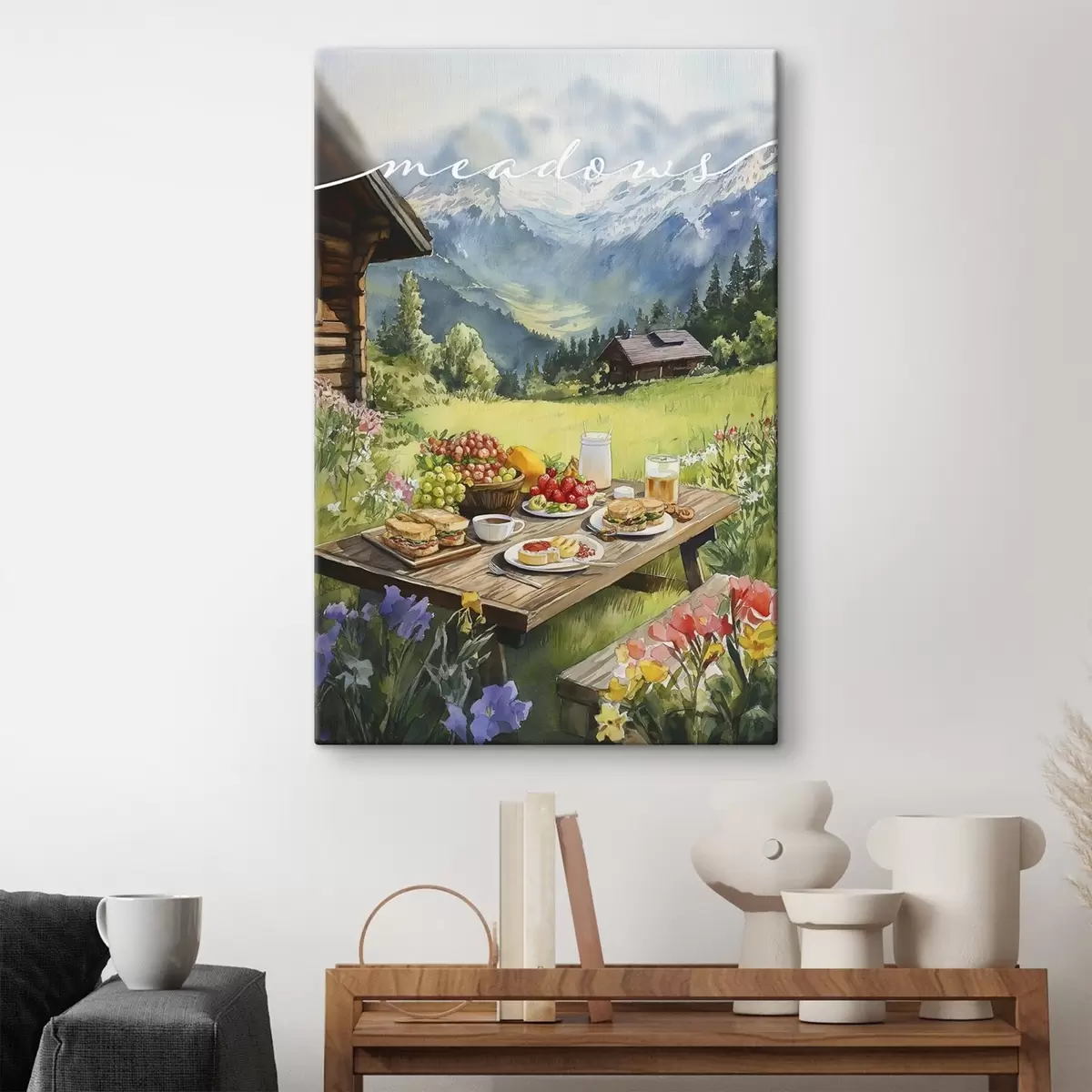 Paveikslėlis Kalnų kraštovaizdžiai, vasaros pieva, mediniai namai, pusryčiai s42425