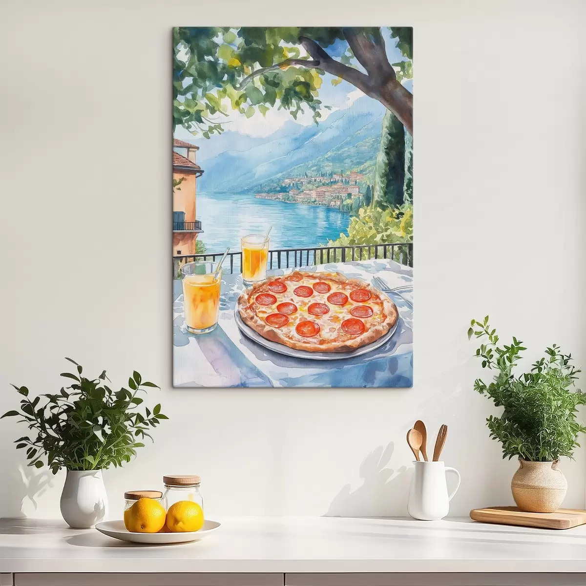 Paveikslėlis Priešpiečiai Italijoje, akvarelės stilius, pica margarita, ežeras, vasaros gamta s42436