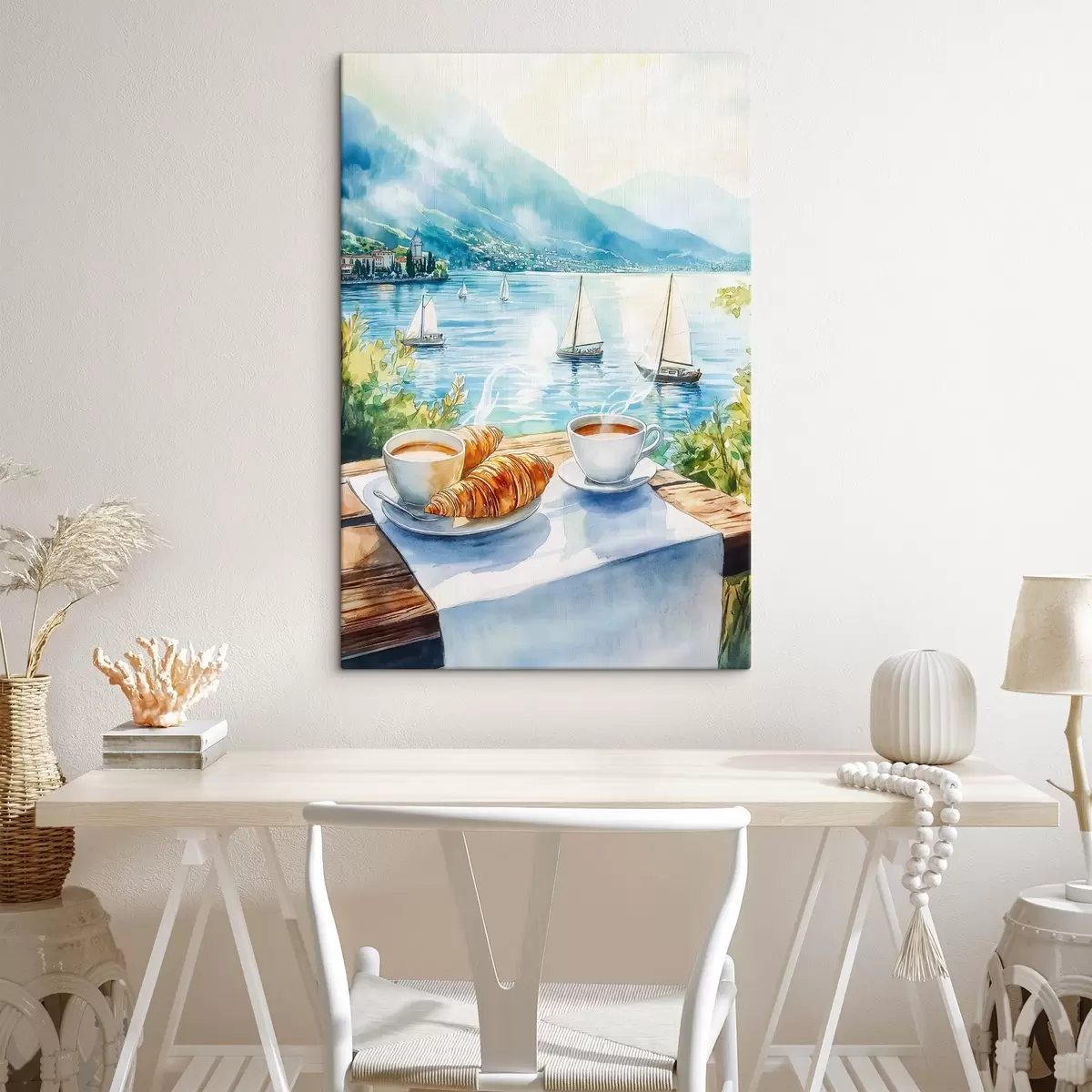 Paveikslėlis Vasaros ežeras su burlaiviais, kavos puodeliai, kruasanai, akvarelės stilius s42441