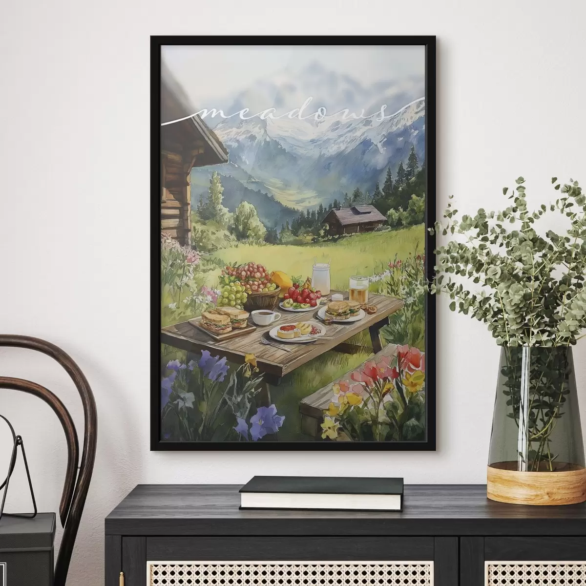 Plakatas Kalnų kraštovaizdžiai, vasaros pieva, mediniai namai, pusryčiai f42425