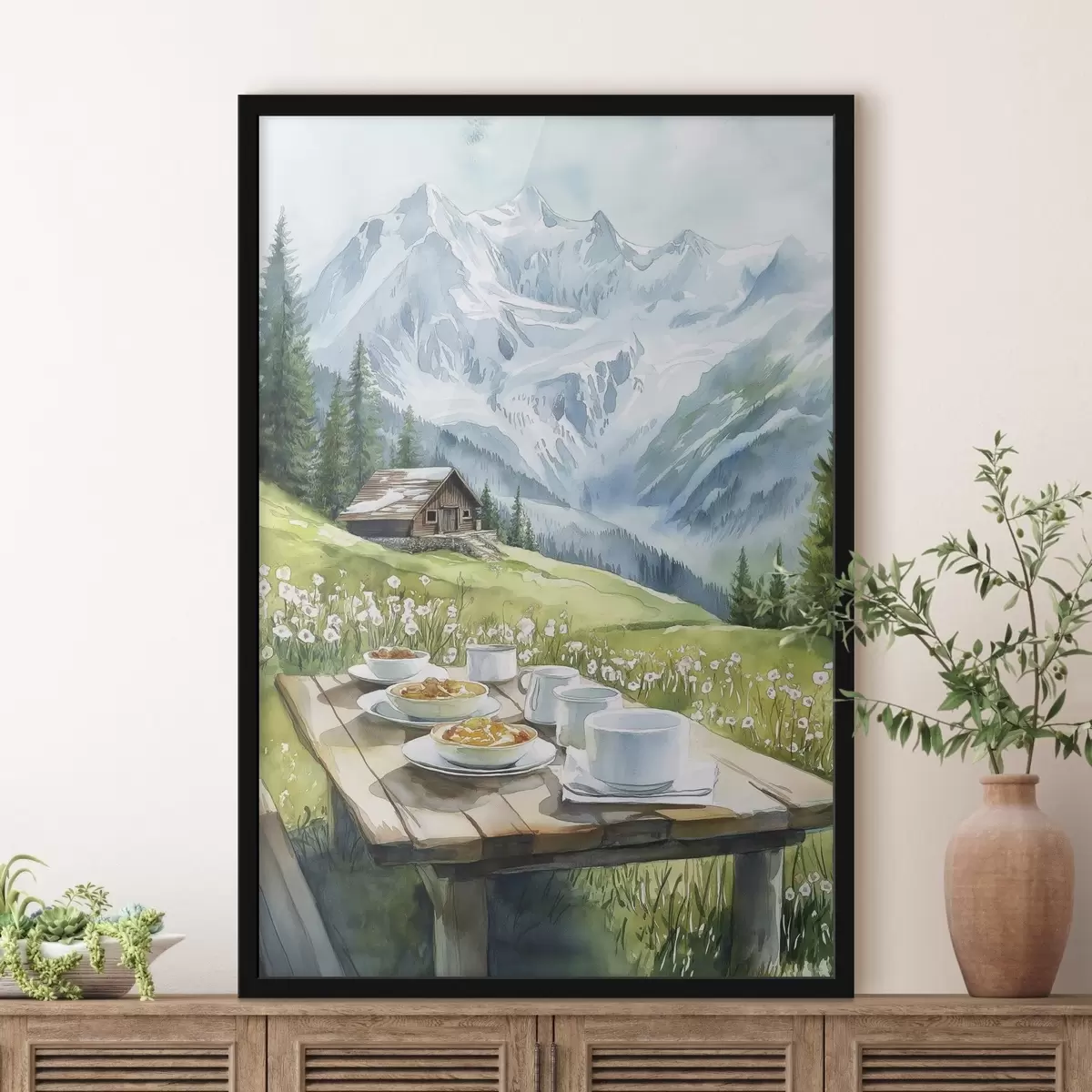 Plakatas Pusryčiai Alpėse, kalnai, miškas, gamta, vasara, akvarelės stilius f42426