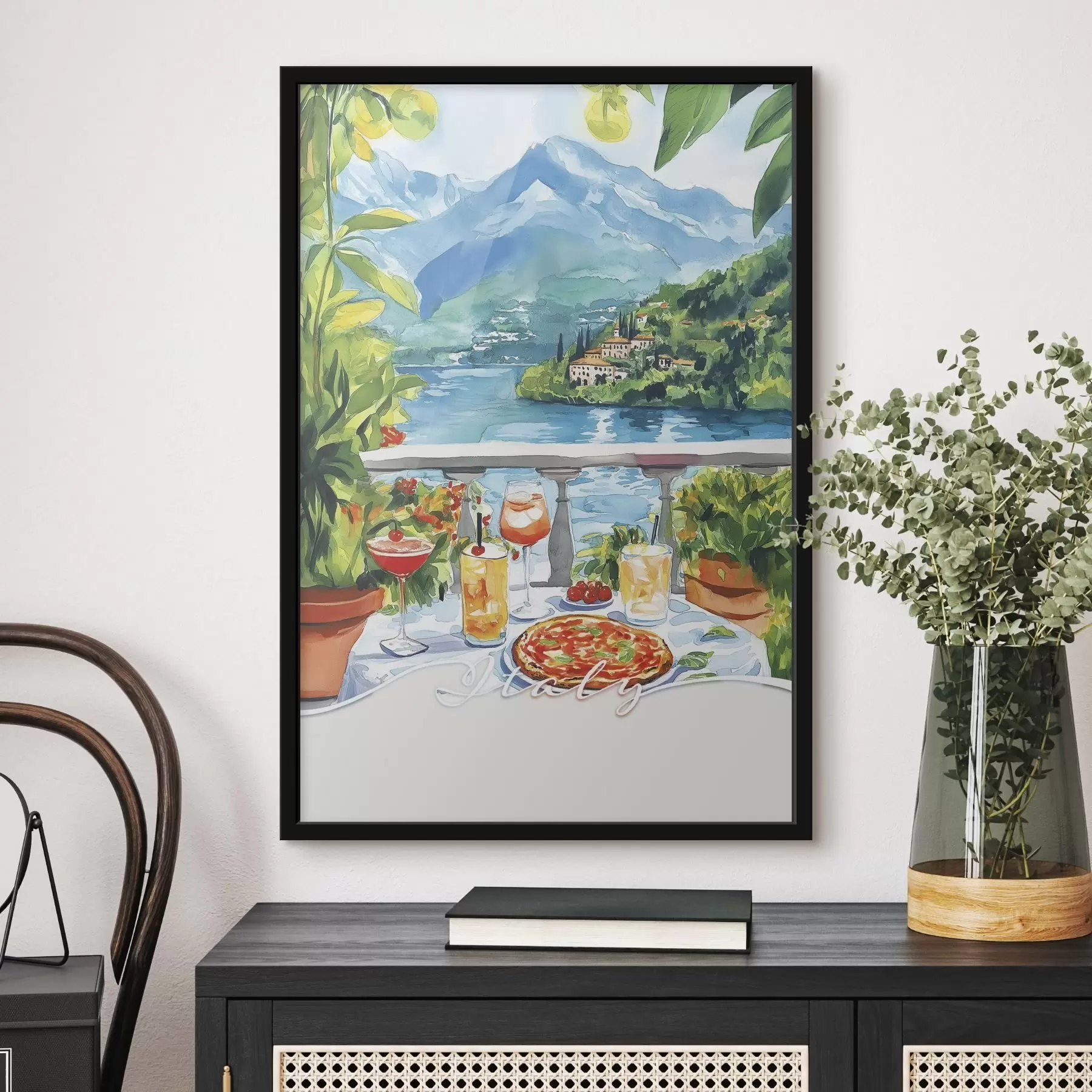 Fototapetai Italija estetika, akvarelės stilius, pica ir kokteiliai, kalnai f42434