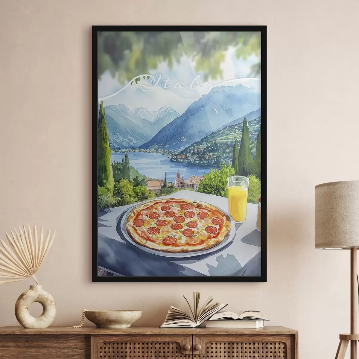 Plakatas Akvarelės stilius, Italija, pica, senamiestis, kalnų kraštovaizdis f42435