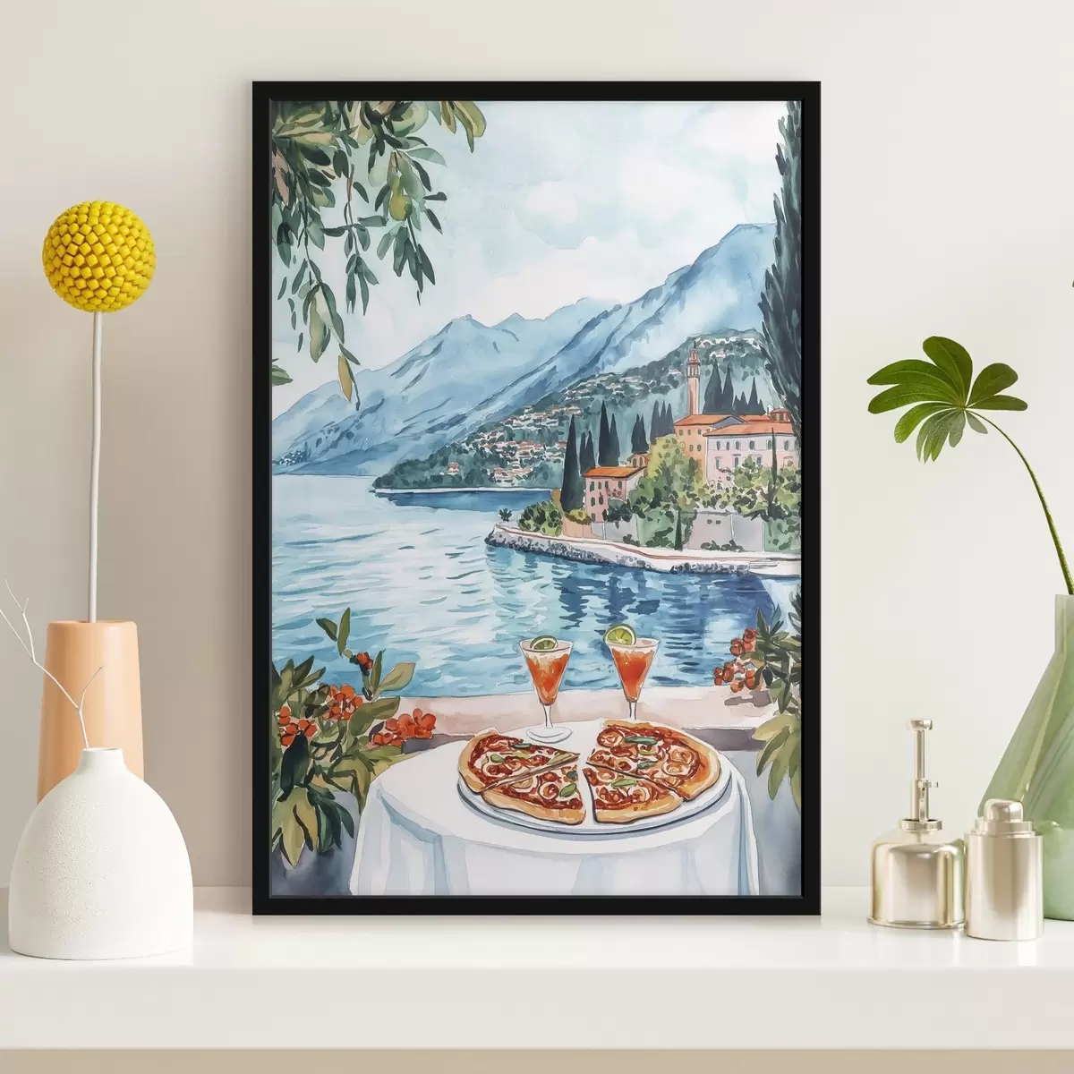 Plakatas Komo ežeras, Italija, akvarelės stilius, pica, kokteiliai, senamiestis, kalnai f42437