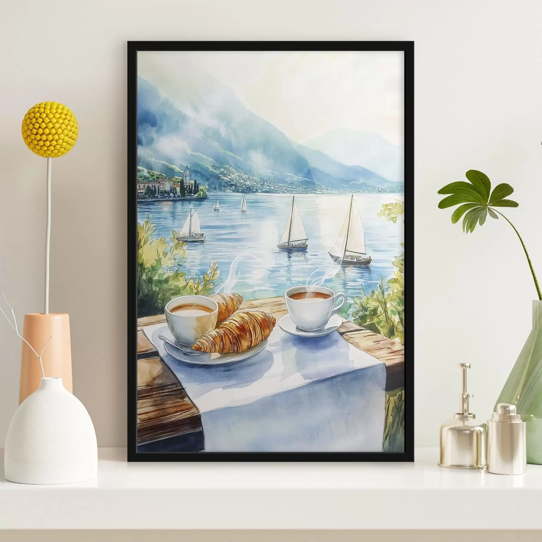 Fototapetai Vasaros ežeras su burlaiviais, kavos puodeliai, kruasanai, akvarelės stilius f42441