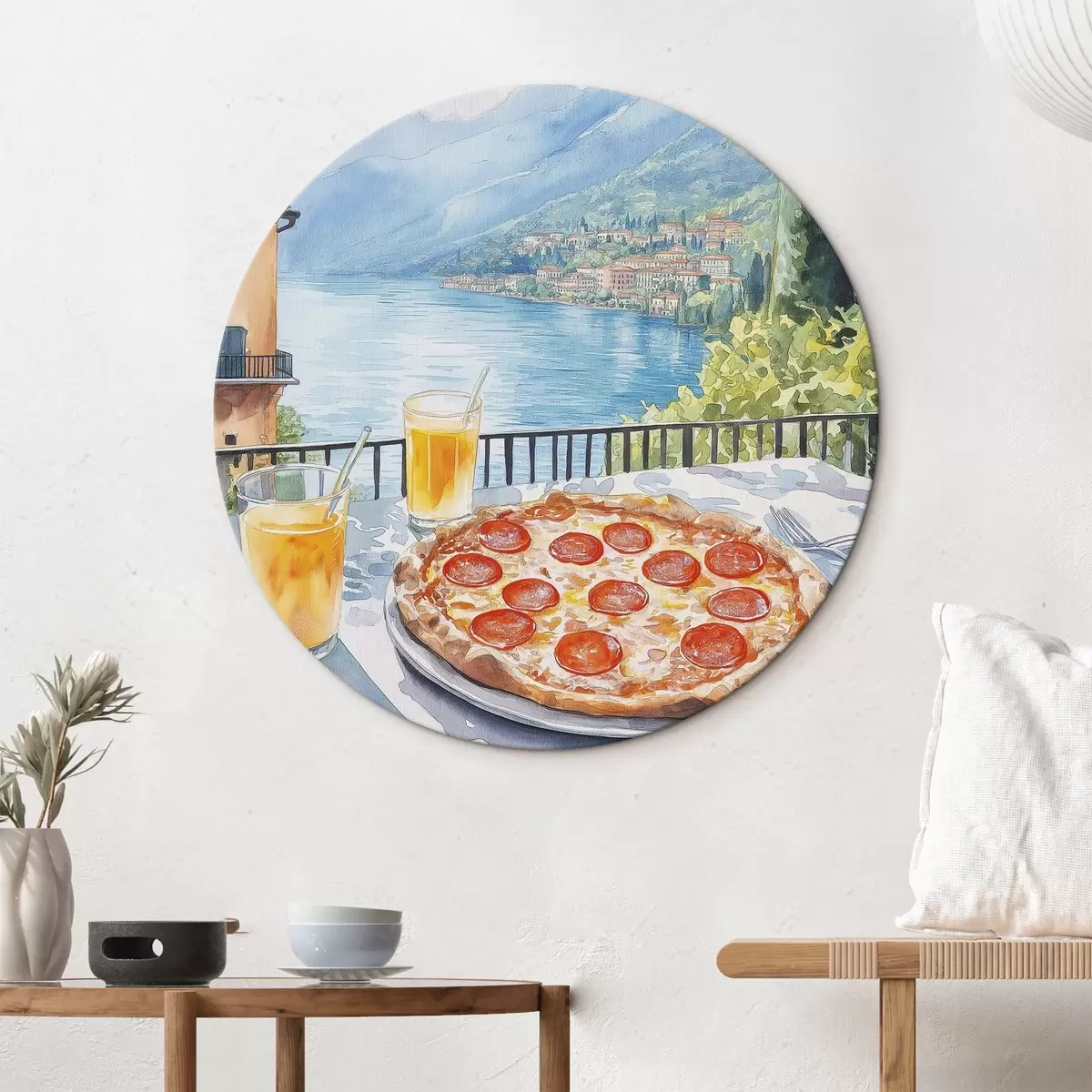 Apvalūs paveikslai Priešpiečiai Italijoje, akvarelės stilius, pica margarita, ežeras, vasaros gamta r42436