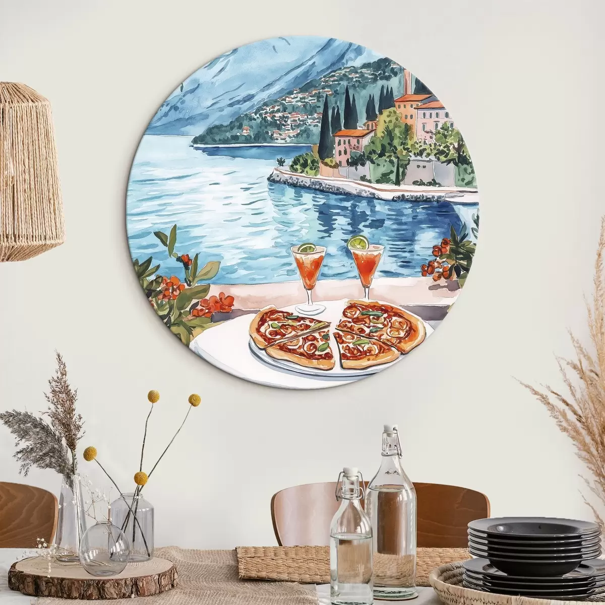 Apvalūs paveikslai Komo ežeras, Italija, akvarelės stilius, pica, kokteiliai, senamiestis, kalnai r42437