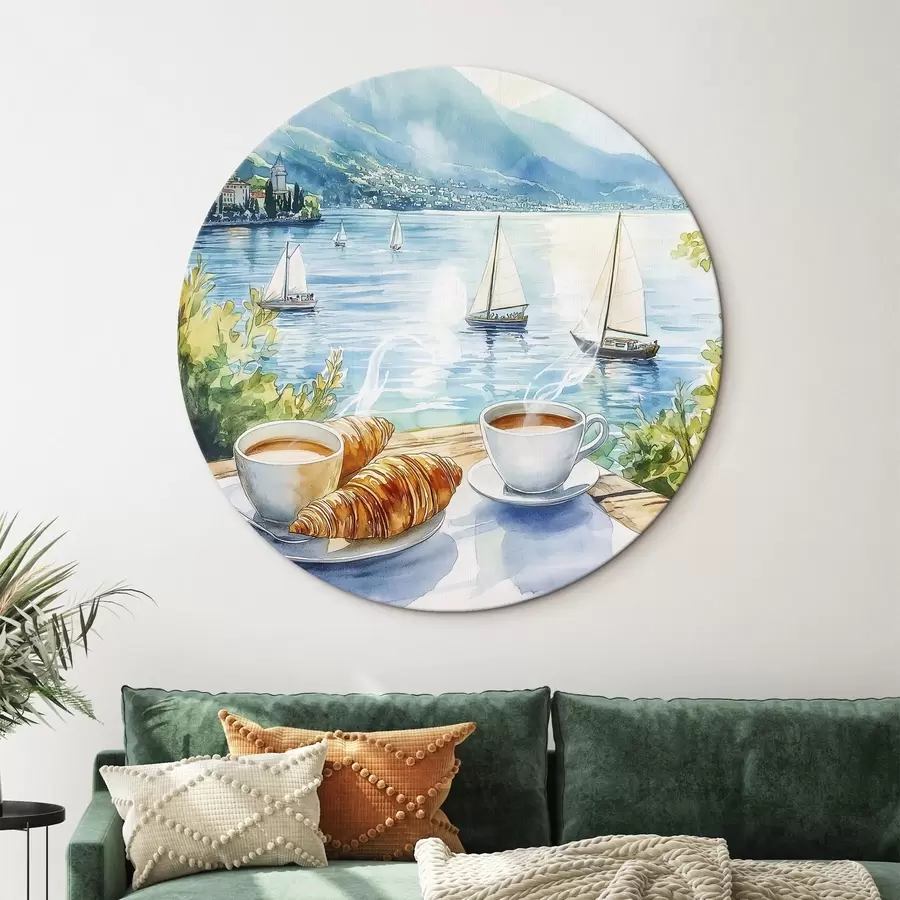 Paveikslėlis Vasaros ežeras su burlaiviais, kavos puodeliai, kruasanai, akvarelės stilius r42441
