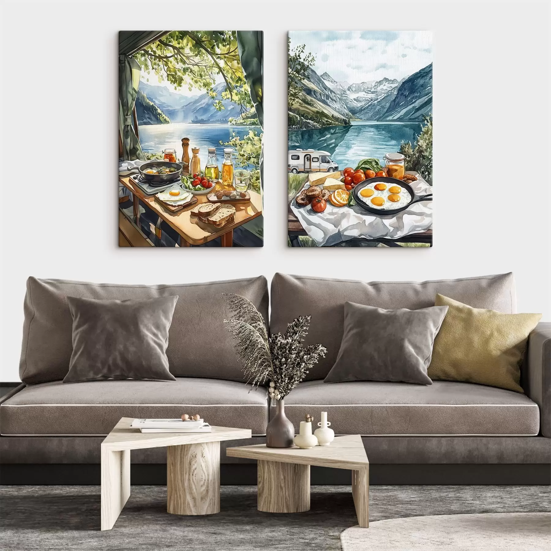 Paveikslėlis Stovyklavimas, estetiniai pusryčiai prie ežero, akvarelės stilius m00405