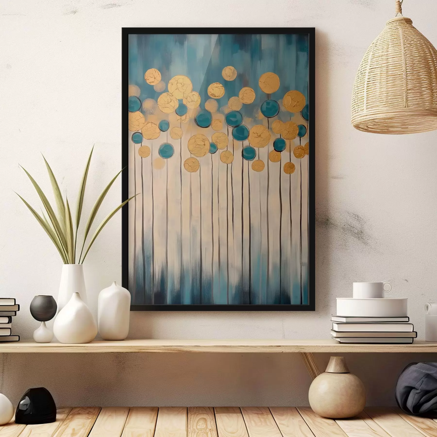 Fototapetai Dekoratyvi abstrakcija su apvaliais elementais mėlyname ir smėlio spalvos fone f42476