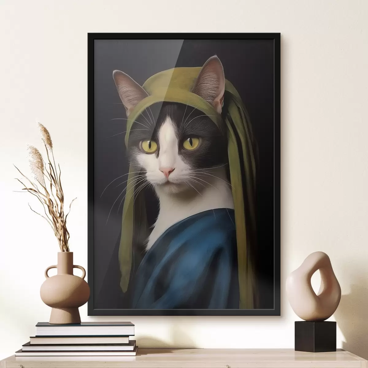 Plakatas Portreto stiliaus katė su perliniu auskaru f42486