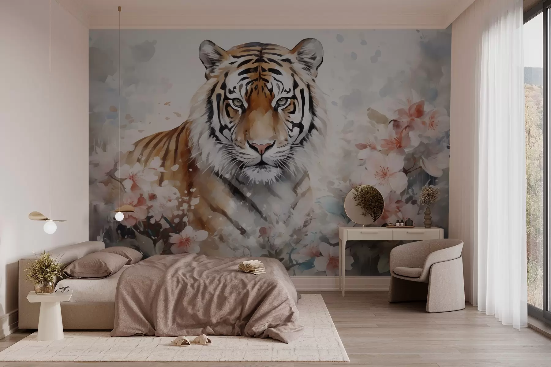 Fototapetai Abstraktus tigras gėlėse imituojantis akvarelę w02892