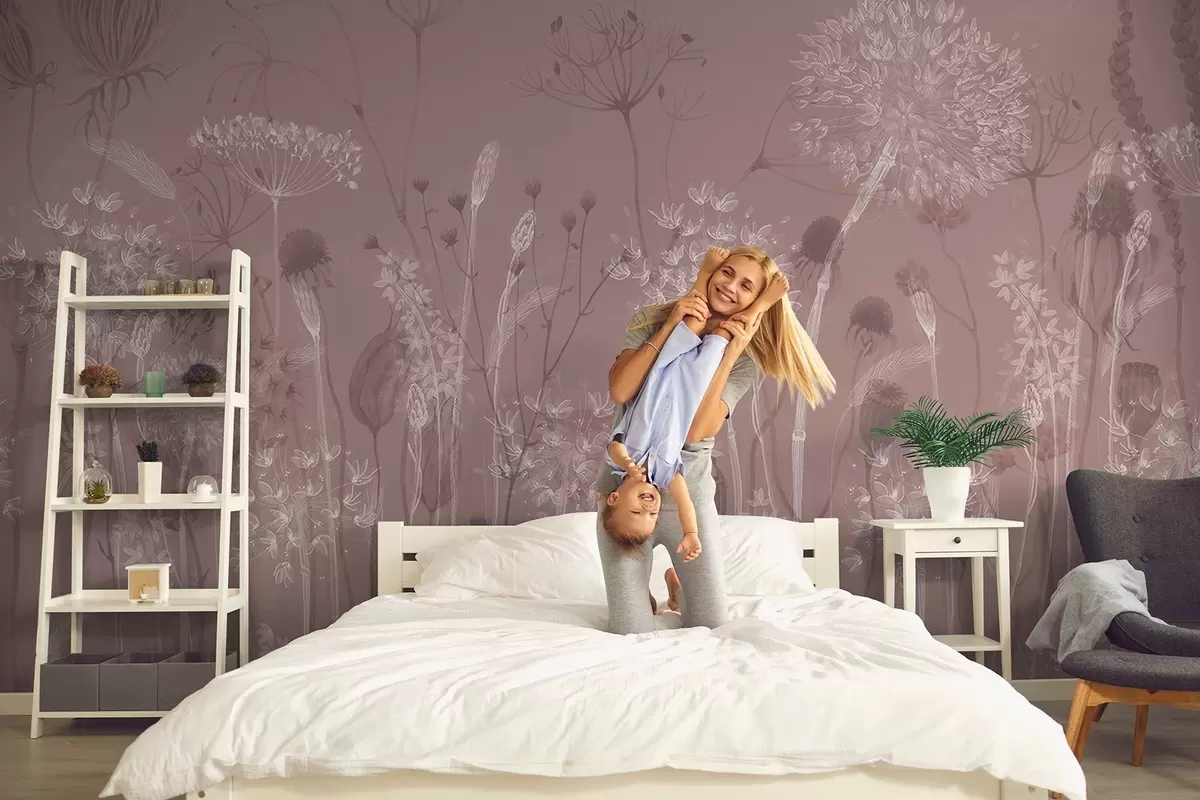 Fototapetai Akvarelinio stiliaus rausvų tonų pienės ir laukinės gėlės w08637v1