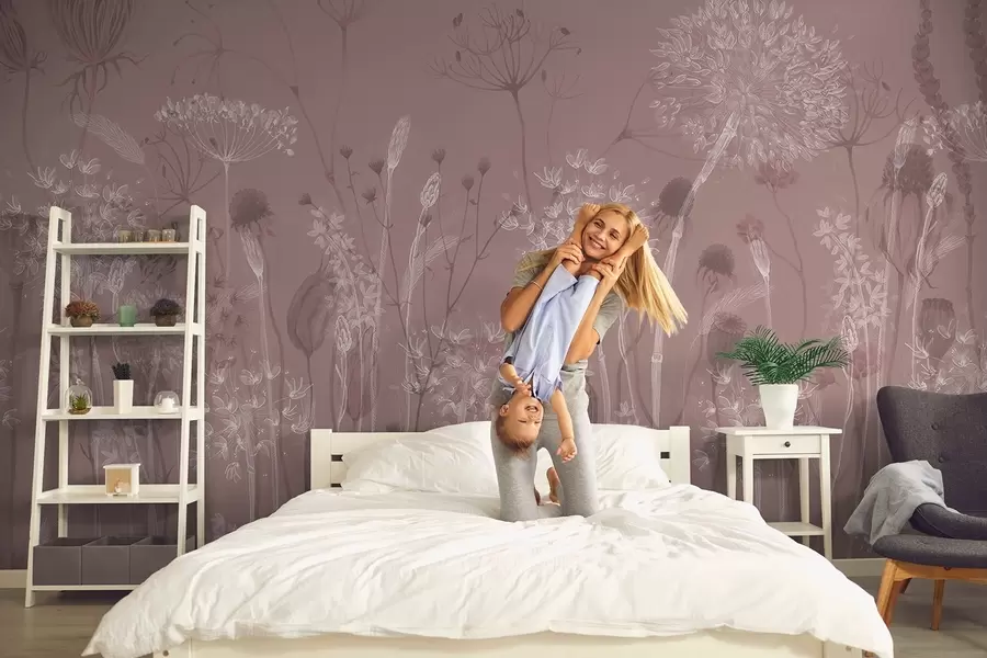 Fototapetai Akvarelinio stiliaus rausvų tonų pienės ir laukinės gėlės w08637v1