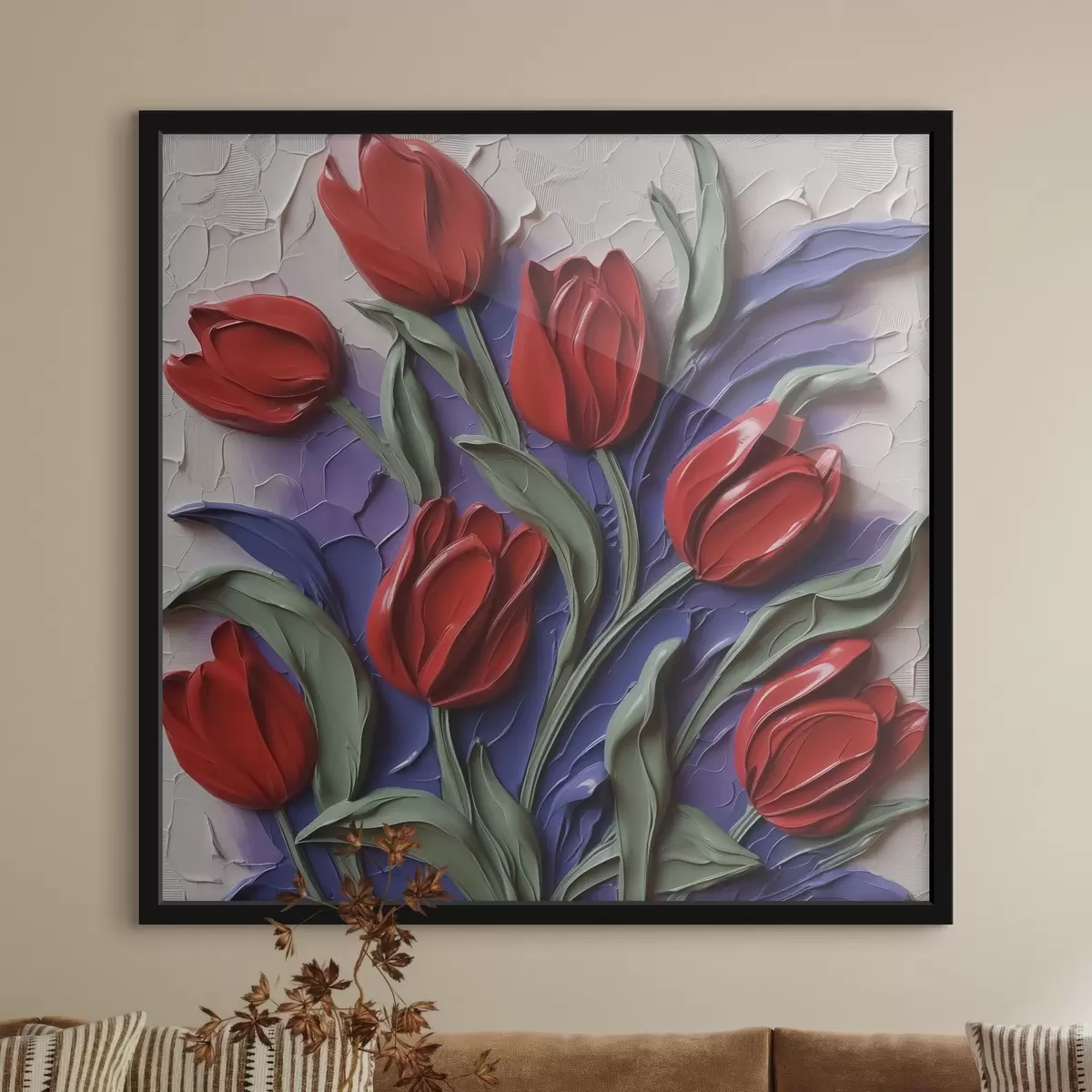 Plakatas Raudonos tulpės ant violetinių teptuko potėpių imitacijos f42584