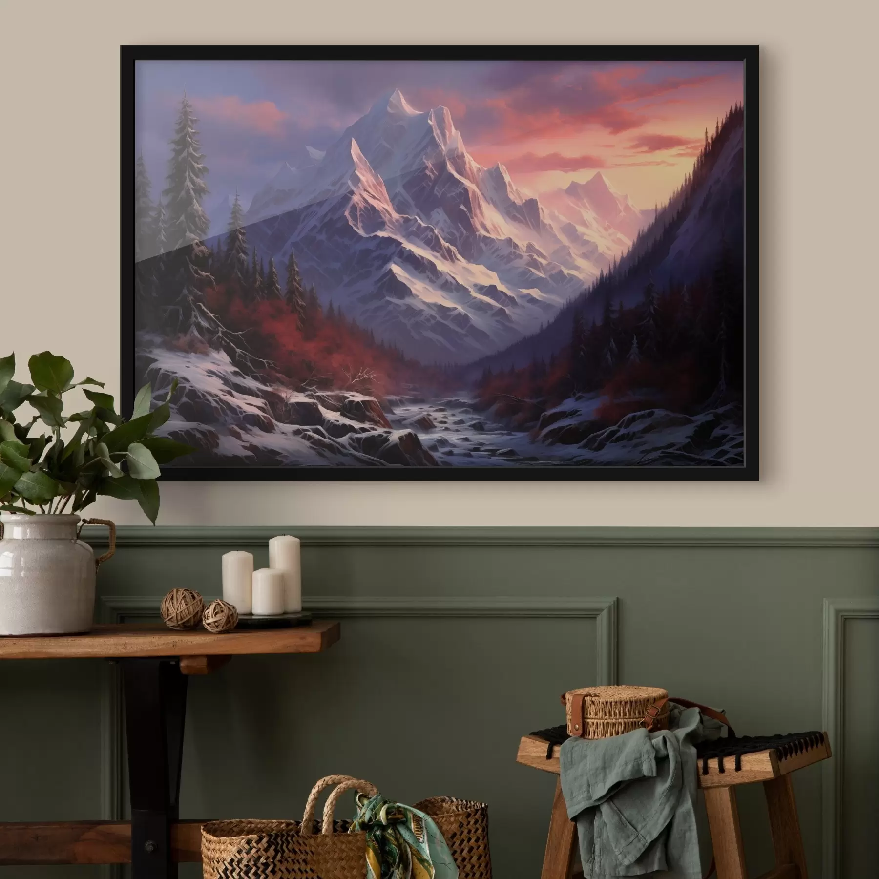 Fototapetai Įspūdingas kalnų kraštovaizdis saulėlydžio metu su snieguotomis viršūnėmis, tamsiais pušynais ir švelniais rausvai violetiniais atspalviais danguje. f42566