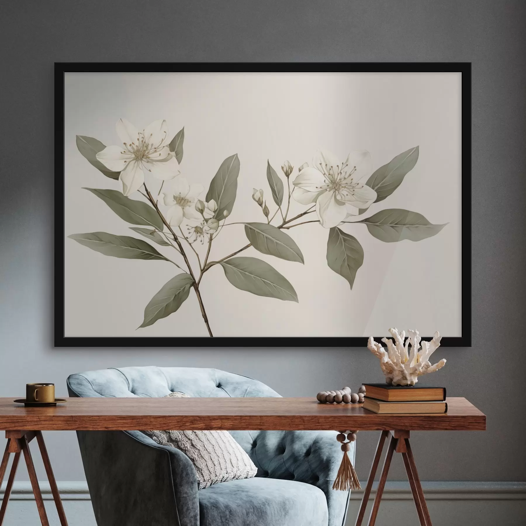 Fototapetai Švelni šakelė su baltomis gėlėmis ir žaliais lapais šviesiame fone, su švelniomis detalėmis ir elegantišku stiliumi. f42583